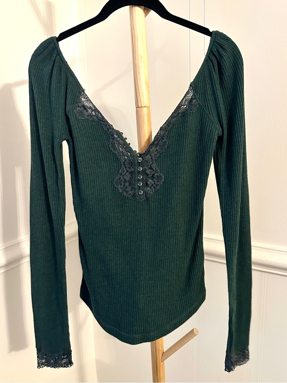 Free People To The West Tee Green Lace Ribbed Henley Top S
